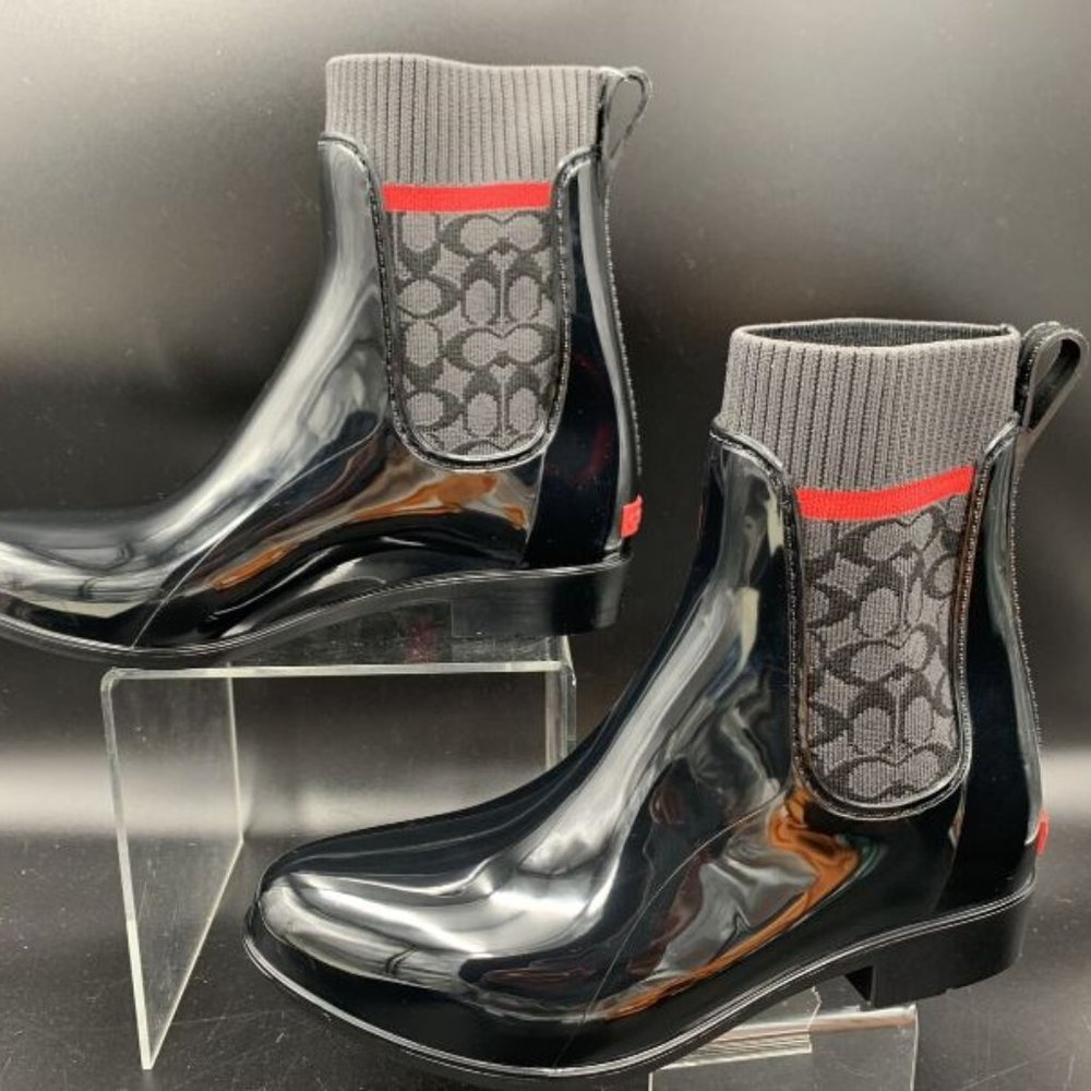 Coach Black Patent Chelsea Rain Boots with Signature Logo Knit and Red Trim - Picture 3 of 5